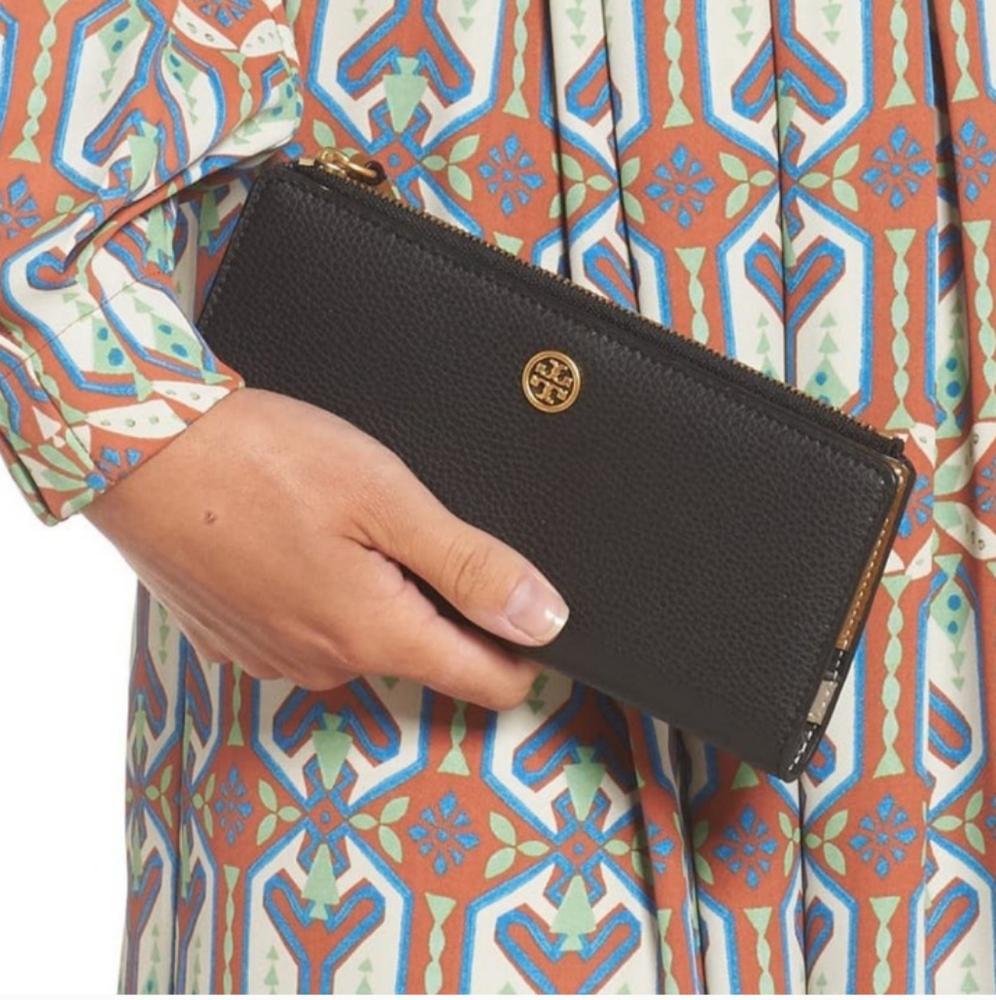 Tory Burch Walker Leather Slim Zip Wallet Black New